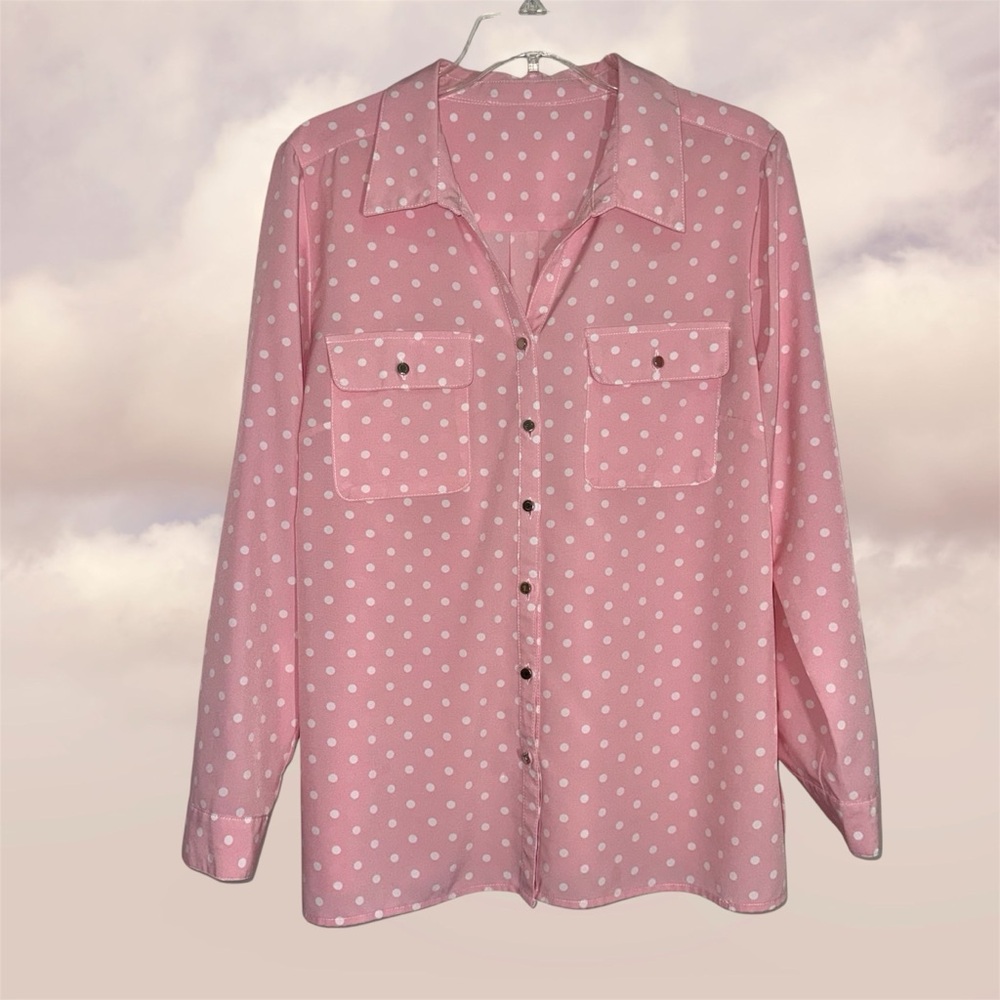 Pink Polka Dot Button-Front Utility Blouse with Silver Buttons and Chest Pockets